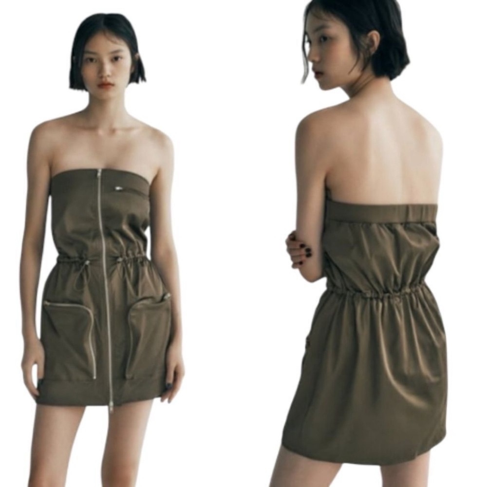 NEW ZARA Cargo Mini Dress Green Strapless Full Zip Pockets Stretch Waist XS